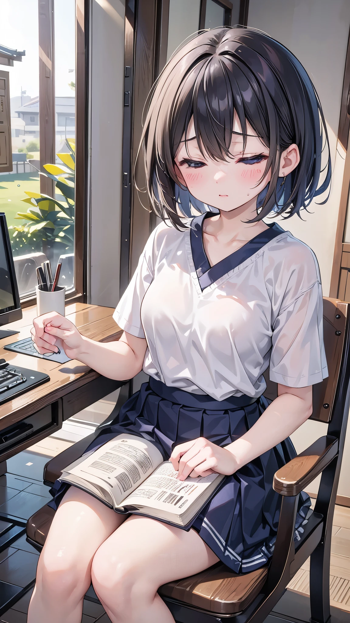 Japanese、One high school girl、Looking down、Looking down、Looking down、Facing depressed、Facing depressed、Eyes closed、Eyes closed、Eyes closed、Short Hair、Short sleeve T-shirt、Very short skirt、Sitting in a chair、Reading a book、Desk in my room、Barely、looking at reference books、Serious expression、Sweating all over the face、The gaze is looking down、Not looking at me、股を開いている、股を開いている、股を開いている