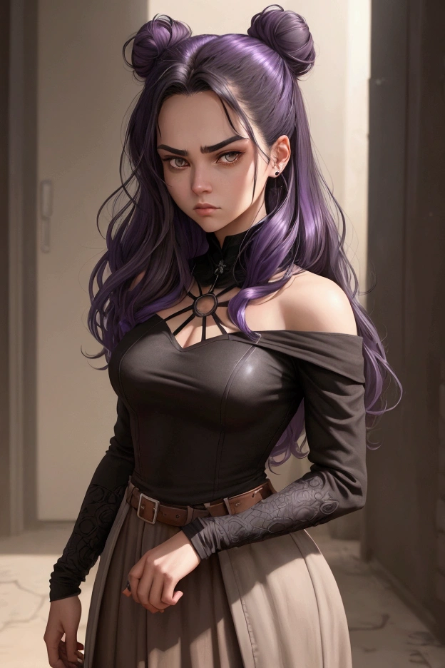 20 year old western college woman serious with dark expression and sexy frown she has long and very dark hair, with a few purple highlights she has a loose bun. Eyes in a dark brown shade, wear clothes in neutral colors, usually makes a play with black and gray and white details, It has a kind of dark academia style, with visible neckline, no back ground, graphic novel art style