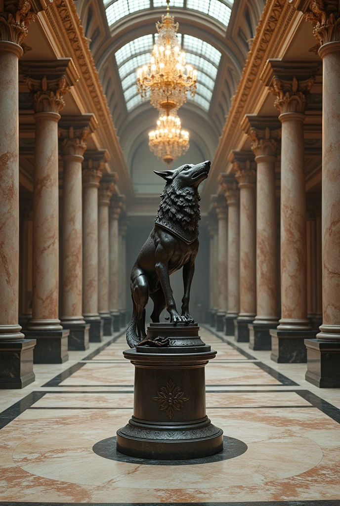standing in a grand museum gallery between ornate marble columns and intricate tile floors, Surrounded by luxurious chandeliers that cast a warm light, on a pedestal, There is a magnificent statue of an iron wolf that falls and breaks its legs and claws