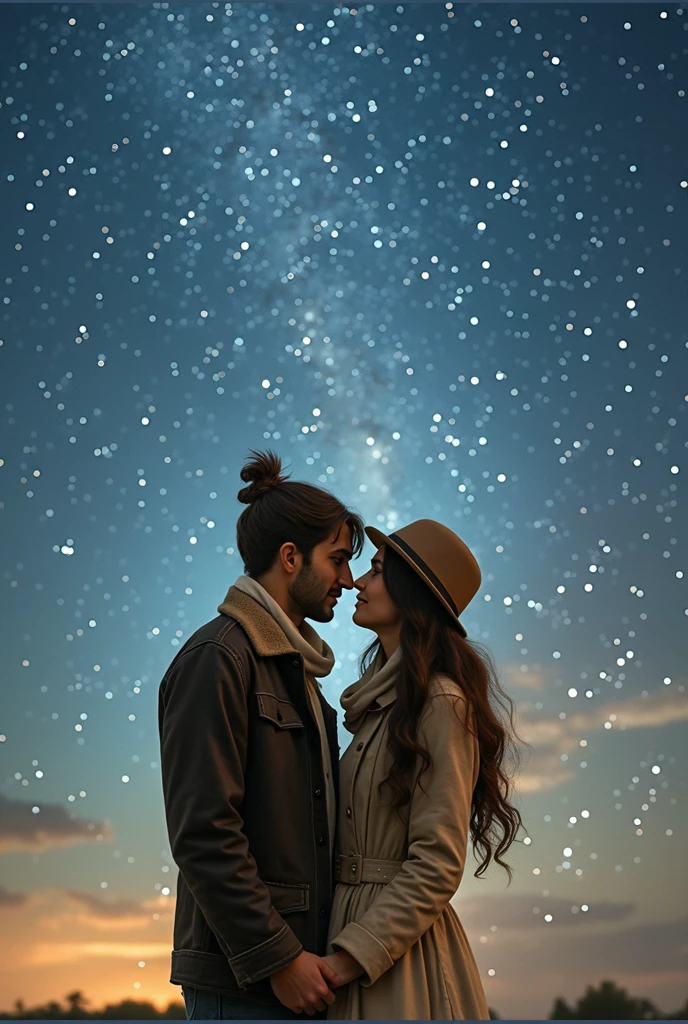 Imagine an enchanting night scene full of tranquility. There is a Middle-Eastern man and a White woman ardently engaged in conversation, sitting comfortingly on a wooden bench. They are swathed in the gentle luminescence of the silver moon. Above them, the sky unfurls like ink-dipped velvet, studded with countless twinkling stars that appear like celestial jewels sprinkled across the vast cosmic canvas. The air around them is brisk, filled with tranquility, bristling with the quiet intimacy of their shared moment. Their surroundings are bathed in the soft glow of the stars and the moon, providing just enough light to illuminate their faces and intricate details around them.