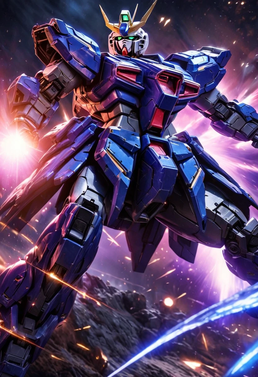 a violet gundam robot, samurai styling, staring up, low angle, lunar surface, raging battle in space, best quality, 8k, highres, masterpiece, ultra-detailed, realistic, photorealistic, HDR, UHD, studio lighting, ultra-fine painting, sharp focus, physically-based rendering, extreme detail description, professional, vivid colors, bokeh, mecha, science fiction, dramatic lighting, cinematic, powerful, striking pose, dynamic action, epic scale