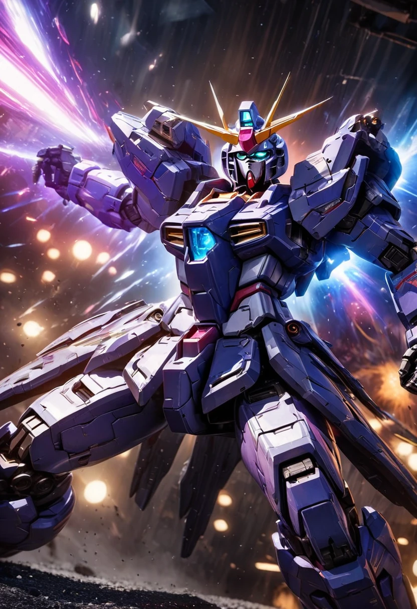 a violet gundam robot, samurai styling, staring up, low angle, lunar surface, raging battle in space, best quality, 8k, highres, masterpiece, ultra-detailed, realistic, photorealistic, HDR, UHD, studio lighting, ultra-fine painting, sharp focus, physically-based rendering, extreme detail description, professional, vivid colors, bokeh, mecha, science fiction, dramatic lighting, cinematic, powerful, striking pose, dynamic action, epic scale