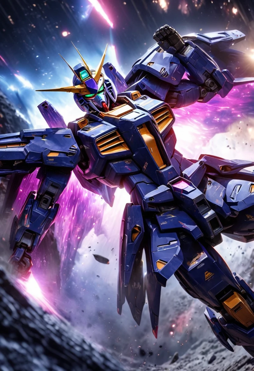 a violet gundam robot, samurai styling, staring up, low angle, lunar surface, raging battle in space, best quality, 8k, highres, masterpiece, ultra-detailed, realistic, photorealistic, HDR, UHD, studio lighting, ultra-fine painting, sharp focus, physically-based rendering, extreme detail description, professional, vivid colors, bokeh, mecha, science fiction, dramatic lighting, cinematic, powerful, striking pose, dynamic action, epic scale
