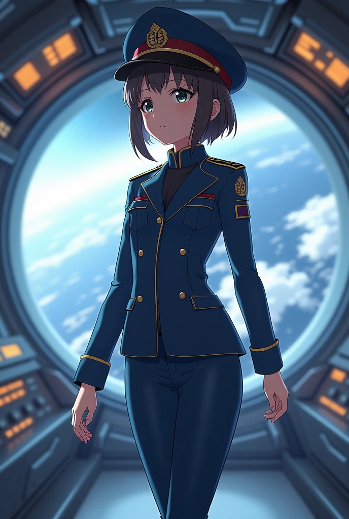 (((masterpiece,best quality,8K,super detailed,High resolution,anime style,Absolutely))),(A female officer of the Earth Federation Army is walking..:1.5),(alone:1.5), (Wearing the Earth Federation Forces:1.5),(Dressed as a federal employee&#39;hat of:1.5),(cute type of girl:1.4),(Detailed facial depiction:1.4),(beautiful hands:1.4),(Hands are very thin:1.2),(wallpaper:1.5),(whole body:1.5),((overlooking:1.5)), (( Japanese girl, small Clothes that fit, black type)), (spaceship interior, There is space outside), (((camel toe)))
