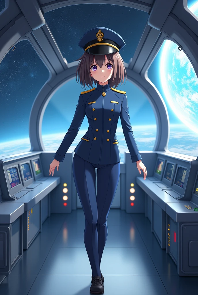 (((masterpiece,best quality,8K,super detailed,High resolution,anime style,Absolutely))),(A female officer of the Earth Federation Army is walking..:1.5),(alone:1.5), (Wearing the Earth Federation Forces:1.5),(Dressed as a federal employee&#39;hat of:1.5),(cute type of girl:1.4),(Detailed facial depiction:1.4),(beautiful hands:1.4),(Hands are very thin:1.2),(wallpaper:1.5),(whole body:1.5),((overlooking:1.5)), ((15 year old Japanese girl, small Clothes that fit, black type)), (spaceship interior, There is space outside), (((camel toe)))
