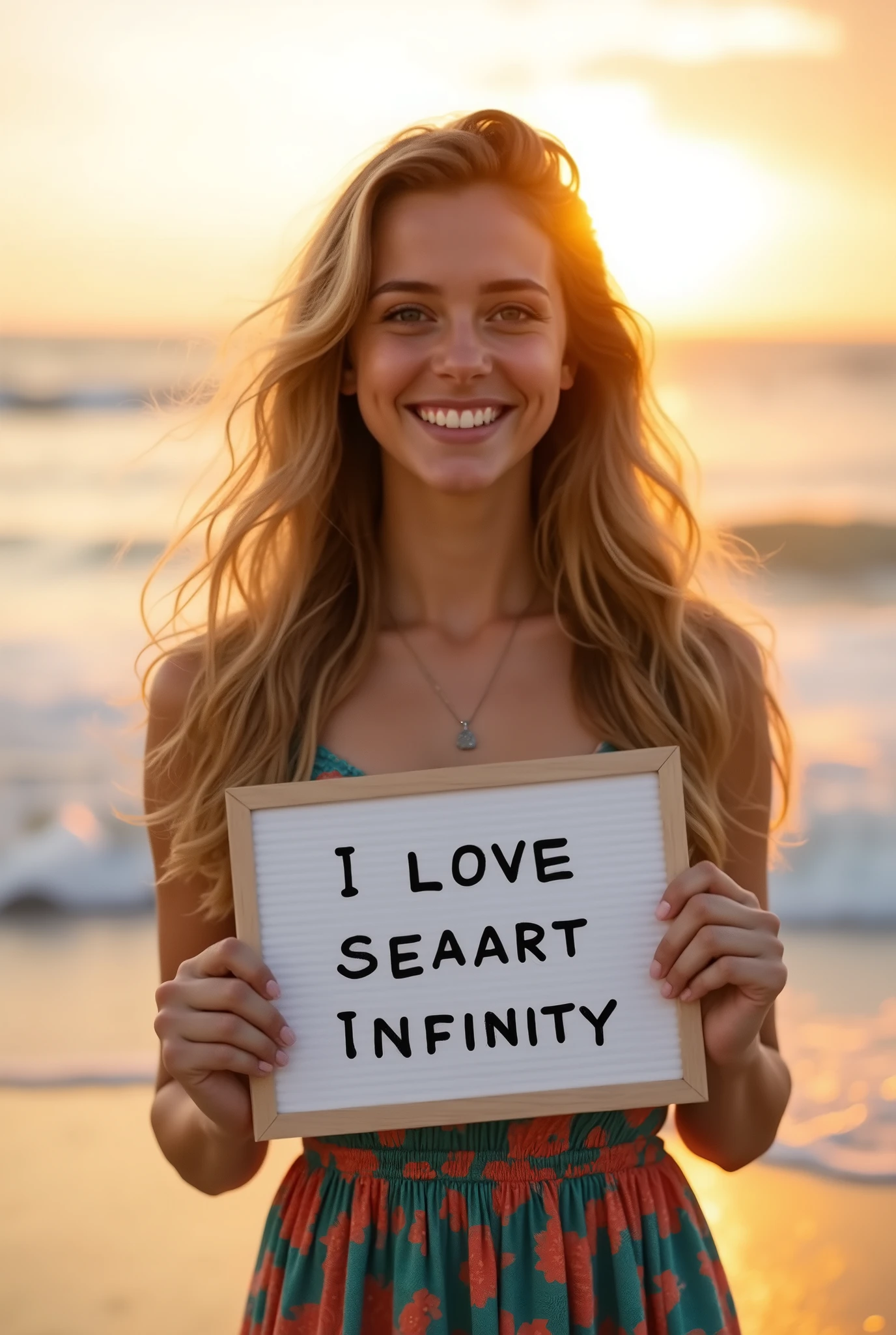 Beautiful girl with wavy long hair, bohemian dress, holding a white board with text "I Love Seaart Infinity" and showing it to the viewer
