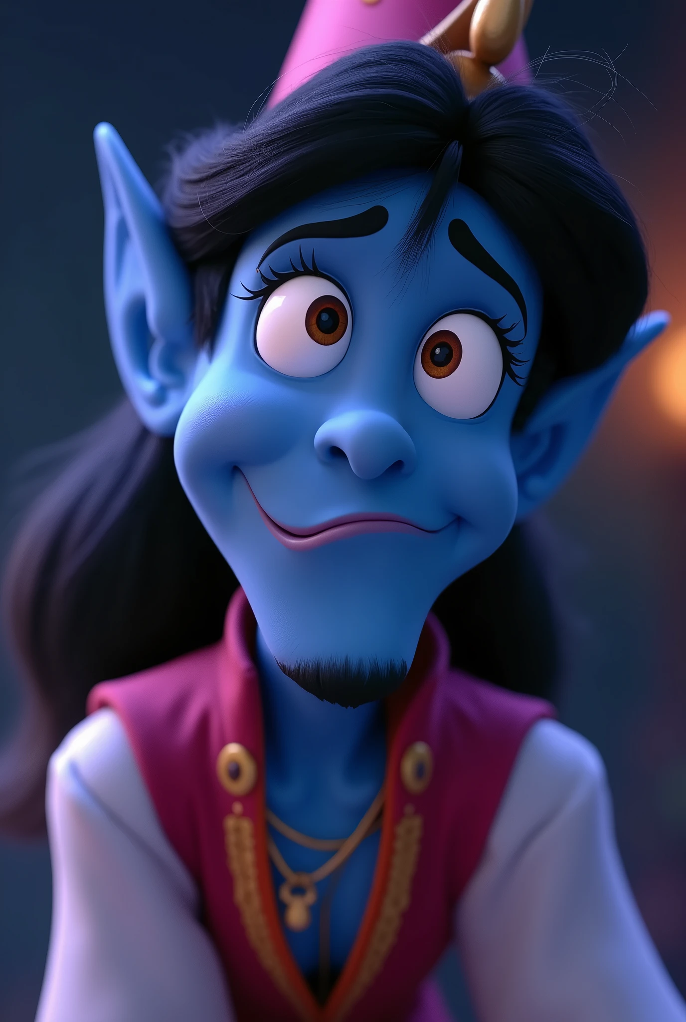 Close-up of Aladdin, the main character in the Disney film Aladdin. Close-up of Genie the Lamp Fairy. Jeanie the Lamp Fairy faces many adventures as Aladdin's master. Genie's expression is curious, super energetic and good at telling jokes. She is a friendly lamp fairy who always makes everyone around her feel at ease. He begs for freedom to escape from the lamp where he belongs. Jeannie is a big, macho man with a blue body. He specialises in the ability to transform into anything. He inhabits a lamp and when he rubs it, smoke comes out of the lamp's mouth. His mouth is supposed to be wide open, reflecting the surreal world of the desert kingdom of Agrabah. The jolly lamp fairies Jeannie, Aladdin and the Wizard. The lighting is soft yet dramatic.