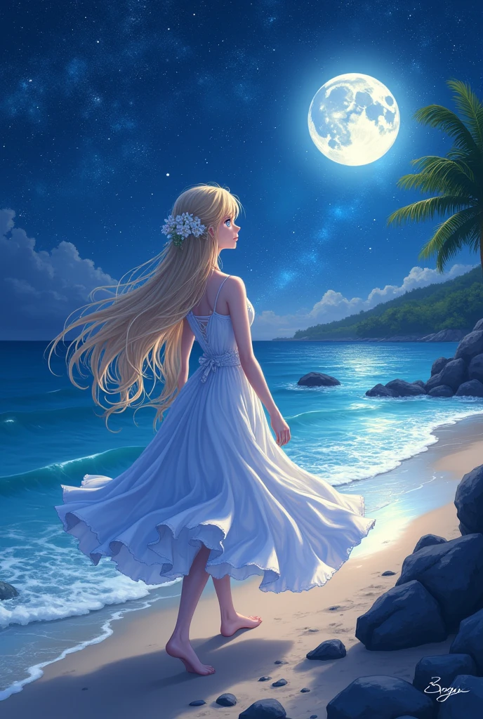 (masterpiece、Highest quality、8k、High resolution)、(The best beautiful girl)、Best Style、(The most beautiful face)、Clear skin、Clean blue eyes、Beautiful lips、Beautiful nose、Blonde Hair、Ample breasts、Walking on the sand、look back、Ocean、You can see the forest、A bright night with stars visible、Beautiful starry sky、milky way、(体whole bodyから神秘的な光の粒子、Colorful Light)、The face looks beautiful、(jewelry、necklace)、dress、(whole body)、Highly detailed anime art、A complete portrayal、