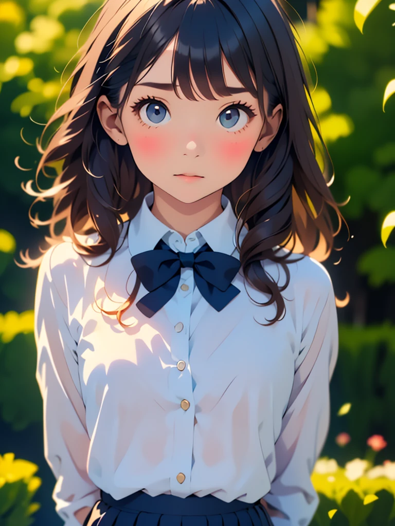 (masterpiece, best quality:1.4), award winning portrait, 8k, 85mm, solo, beautiful face, delicate girl, , (dark navy blazer jacket, arms behind back, close up face:1.2), dark navy skirt, long sleeve, violaceaess, gardeniass, elegance, sophisticated, cute, , looking at viewer, 18yo, raw photo, absurdres, HDR, sharp focus, bow tie, bokeh background