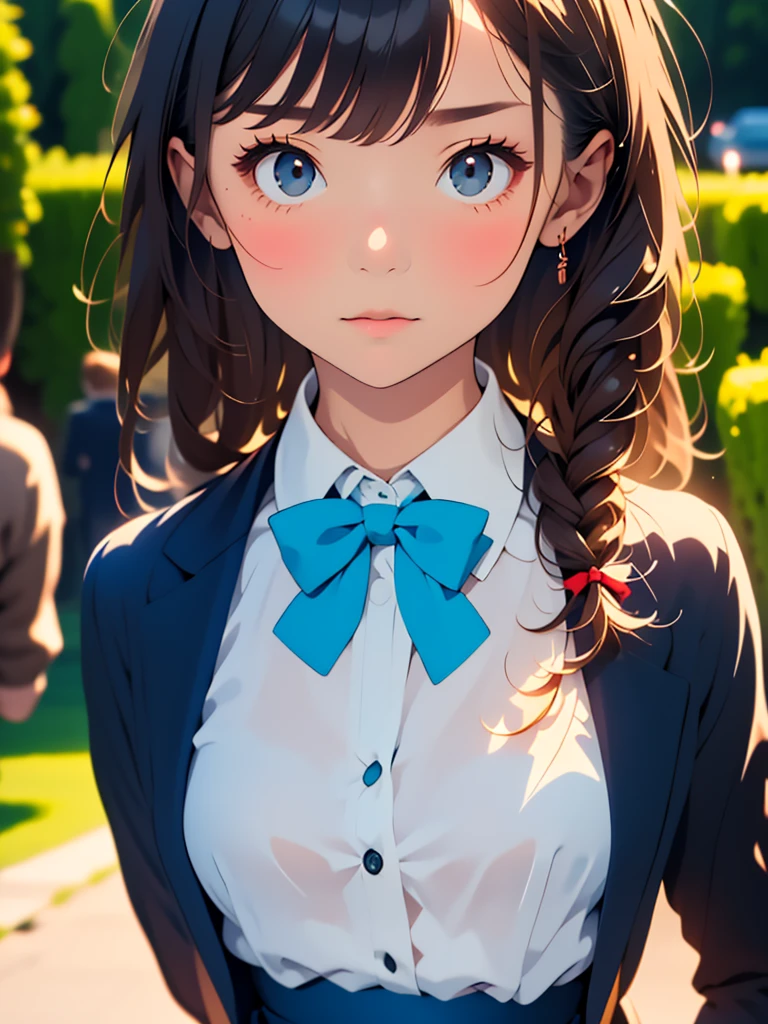 (masterpiece, best quality:1.4), award winning portrait, 8k, 85mm, solo, beautiful face, delicate girl, , (dark navy blazer jacket, arms behind back, close up face:1.2), dark navy skirt, long sleeve, violaceaess, gardeniass, elegance, sophisticated, cute, teen, looking at viewer, 18yo, raw photo, absurdres, HDR, sharp focus, bow tie, bokeh background