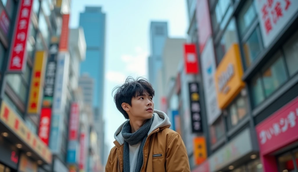 A Japanese male college student wearing stylish clothes looks into the distance with a bright expression.,Excited, Photo of your face, With a fashionable city as a background, with a natural look, With a slightly tired look, tilt your face a little, Diagonal orientation, Average face