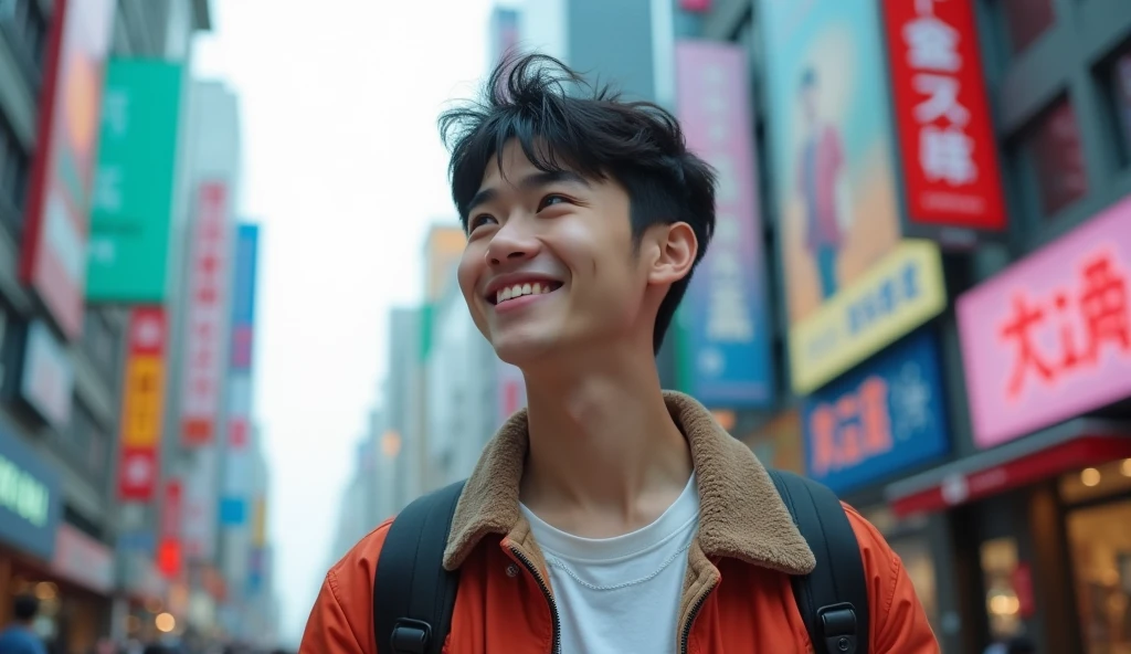 A Japanese male college student wearing stylish clothes looks into the distance with a bright expression.,Excited, Photo of your face, With a fashionable city as a background, with a natural look, With a slightly tired look, tilt your face a little, Diagonal orientation, Average face