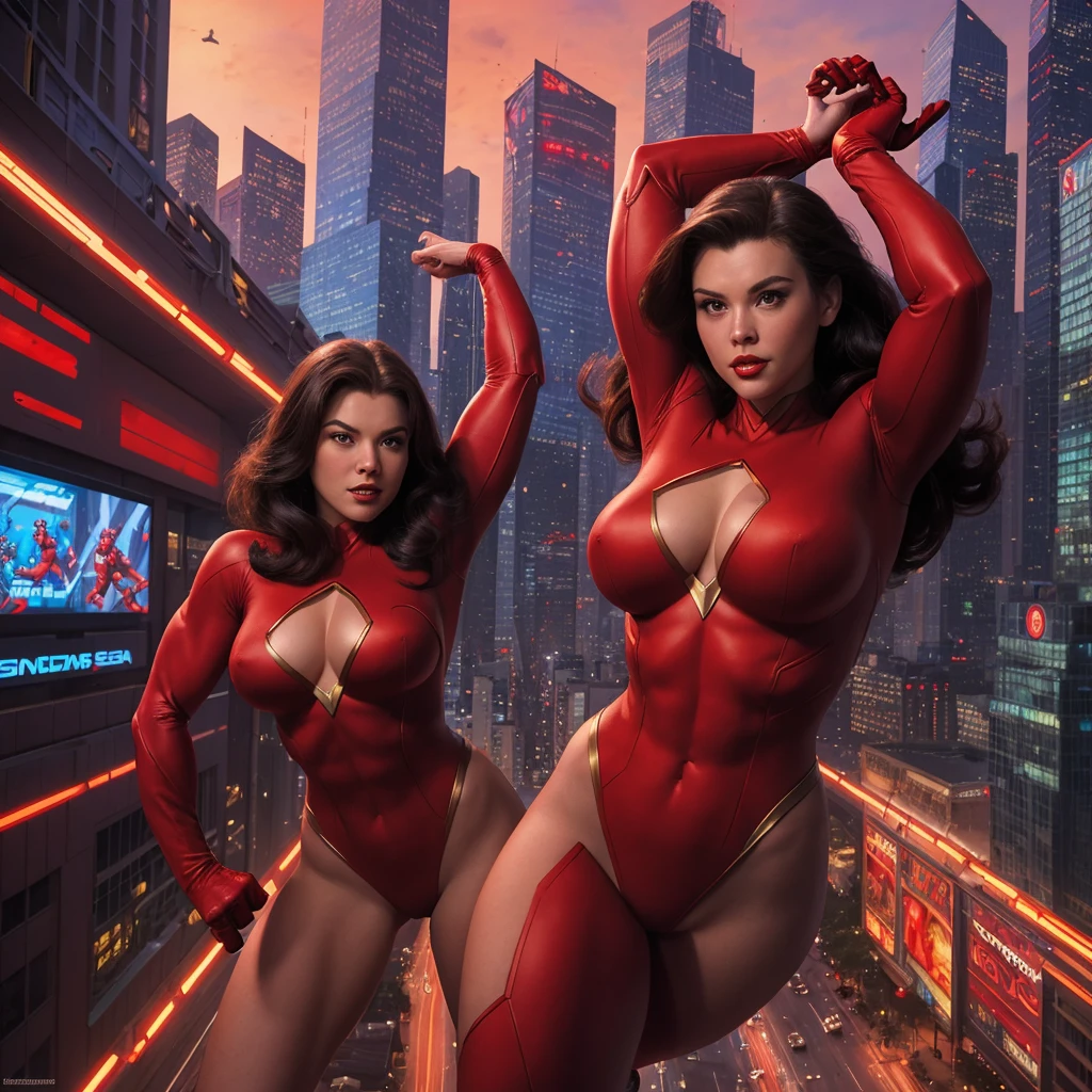 John Busema (John Buscema) Best Style ,A powerful female superhero wearing red, In the sky of a bustling metropolis,She is beautiful and sexy,Overlooking everything(whole body) ,whole body照, Hero Action Poses, Cinematic, Ultra Detailed, 16k resolution):