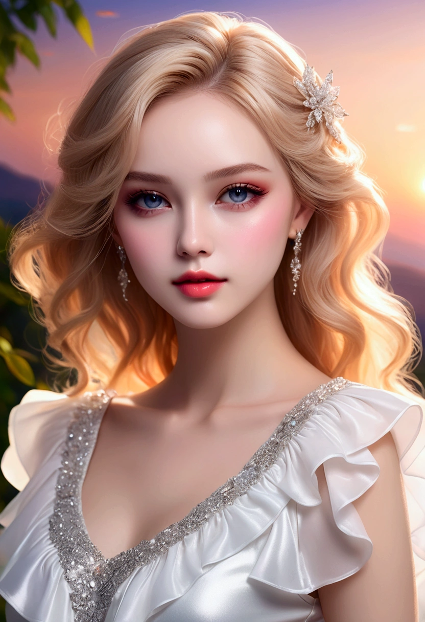 Realistic texture, vivid silhouette, (Shiny layered wide frill blouse, Off-Solder Pure White Blouse), A woman with a beautiful face, with glossy pale skin and grey eyes._Orange color makeup, Glossy pink lips, soft starlight, Dance with a dreamy expression as if you are dreaming. (Long blonde hair flowing down her forehead, Full head of hair, Shiny hair), Camera angle capturing the upper body above the hips, clear resolution, Clear picture quality, realistic atmosphere, Bright Themes, 초realistic atmosphere, (vivid silhouette, masterpiece, best quality), Blurry nature background.