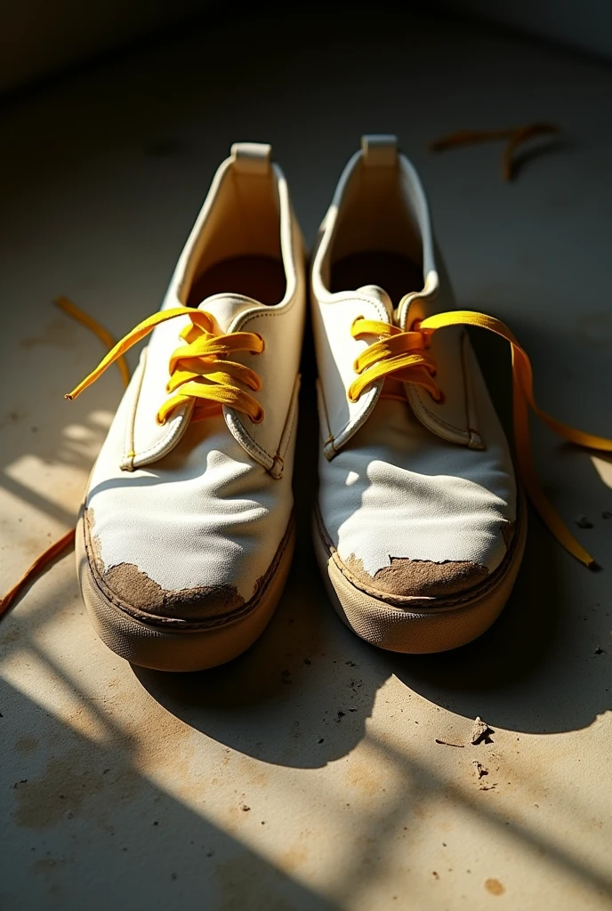 a pair of old, worn out white dirty shoes, ripped sewn with banana flower, weathered and distressed, photorealistic, (best quality,4k,8k,highres,masterpiece:1.2),ultra-detailed,(realistic,photorealistic,photo-realistic:1.37),HDR,UHD,studio lighting,ultra-fine painting,sharp focus,physically-based rendering,extreme detail description,professional,vivid colors,bokeh,detailed texture,grungy,weathered,realistic wear and tear,natural lighting,dramatic shadows,cinematic composition