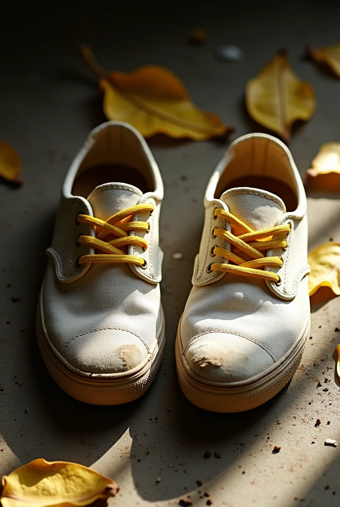 a pair of old, worn out white dirty shoes, ripped sewn with banana flower, weathered and distressed, photorealistic, (best quality,4k,8k,highres,masterpiece:1.2),ultra-detailed,(realistic,photorealistic,photo-realistic:1.37),HDR,UHD,studio lighting,ultra-fine painting,sharp focus,physically-based rendering,extreme detail description,professional,vivid colors,bokeh,detailed texture,grungy,weathered,realistic wear and tear,natural lighting,dramatic shadows,cinematic composition