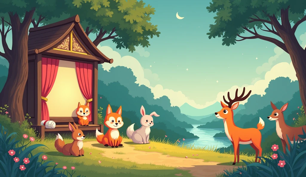 Anime Manga Illustration Style, In the foreground、Cute fox、Cute rabbit、Cute deer and other cute animals、They are gathered around a beautifully decorated antique Kamishibai stage.。The cute animals have soft and friendly expressions.、Listening intently to the story。In the background、A tall tree with gentle sunlight filtering through its leaves々and、The painting depicts a small stream quietly flowing nearby.。上空には薄明かりから夜明けへand移り変わる穏やかな空が広がり、The first stars are beginning to twinkle。, A simple and cute picture book-like effect with gentle colors