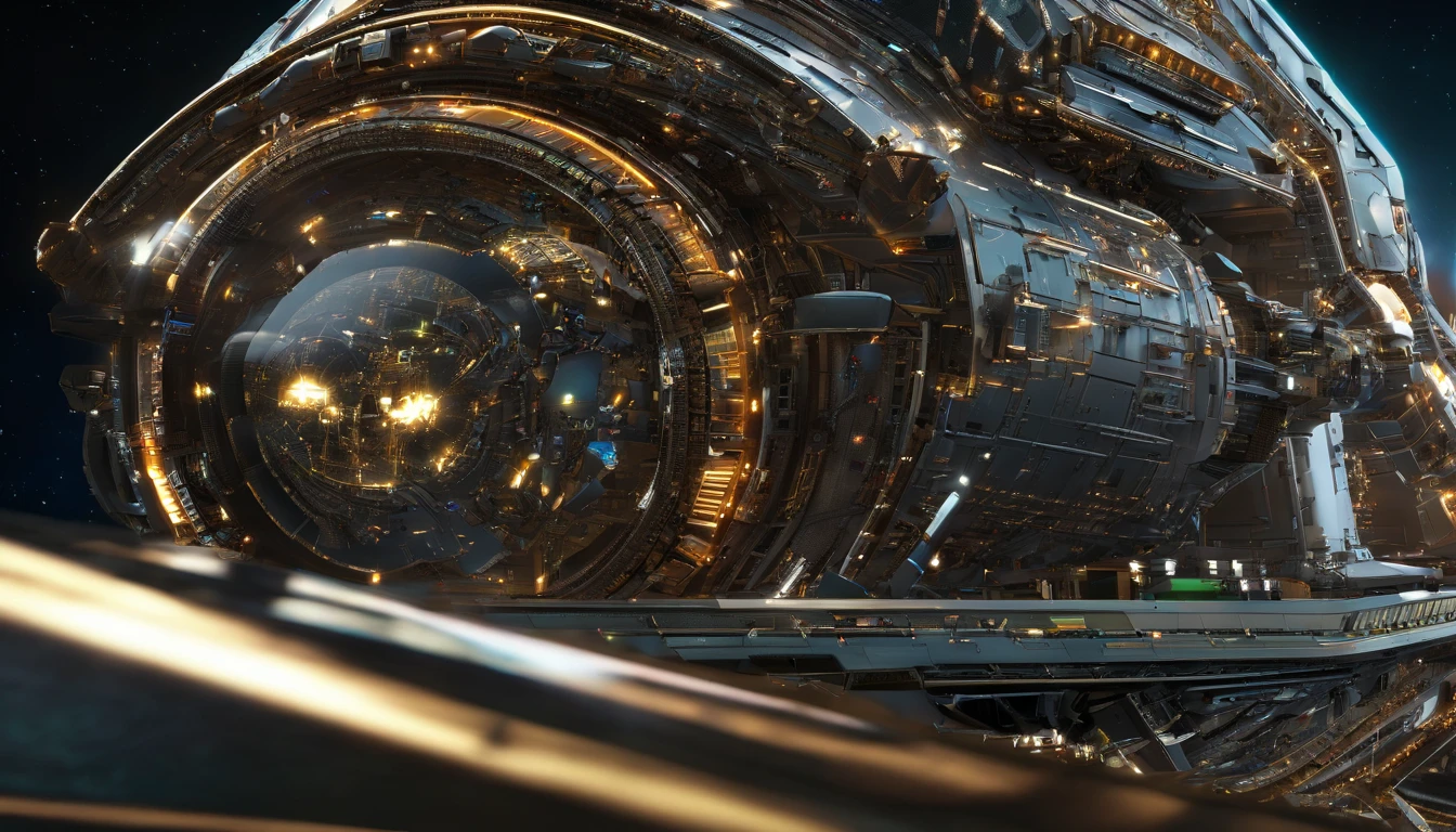A starship,very intricate details, aesthetic.The ship is adorned + reddish gold royalistic details, green gears, levers, exact patterns, contrasting + its platinum gold body.Background has stars, ships, & gigantic Earth-type planet.750k UHD 4D. Styles of Michael Straczynski, & George Lucas.