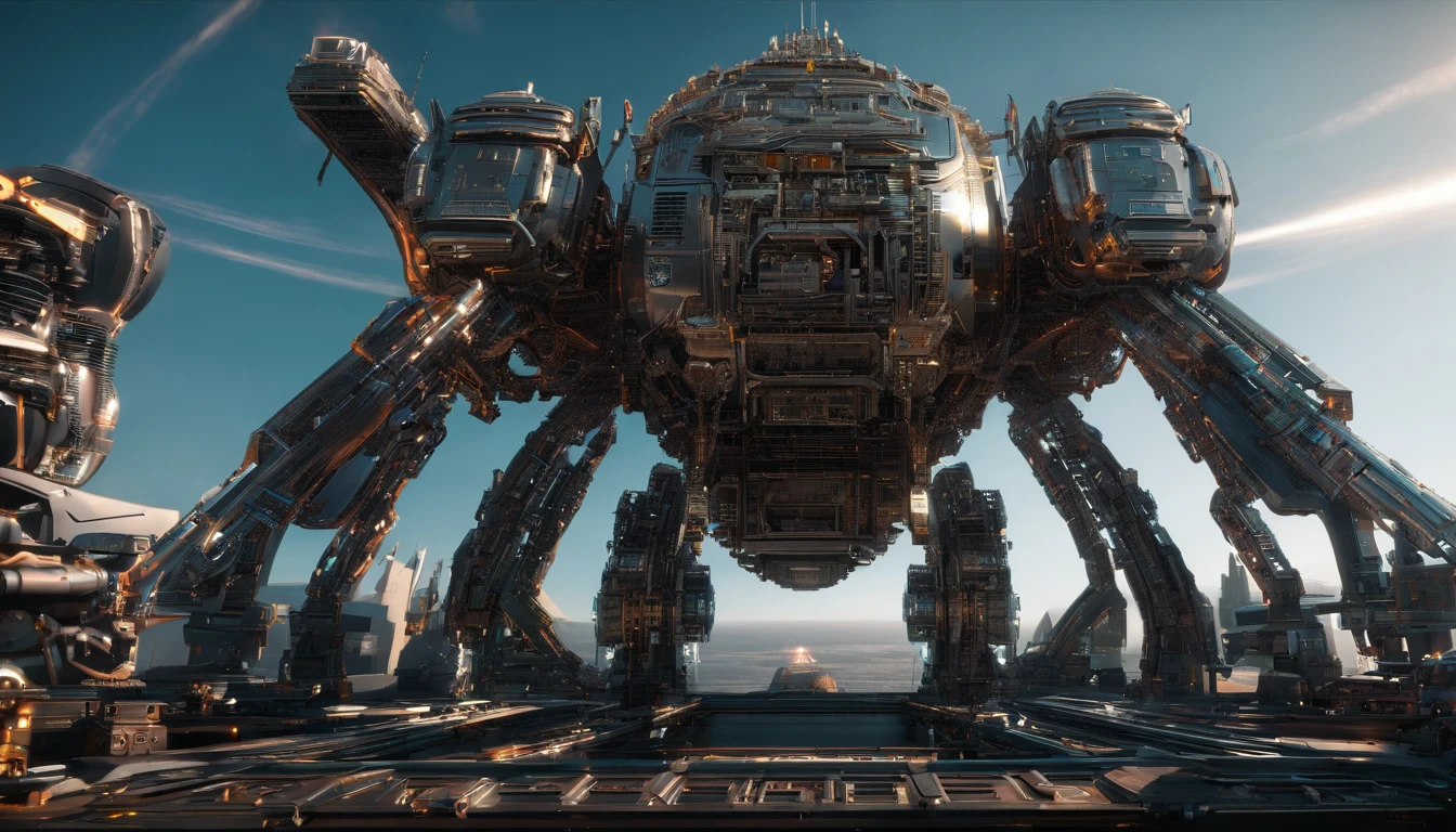 A starship,very intricate details, aesthetic.The ship is adorned + reddish gold royalistic details, green gears, levers, exact patterns, contrasting + its platinum gold body.Background has stars, ships, & gigantic Earth-type planet.750k UHD 4D. Styles of Michael Straczynski, & George Lucas.