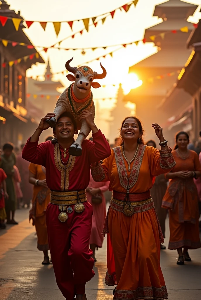 Nepalese people celebrating gai jatra/ kathamandu/golden hour/ celebration/hyper realistic 
