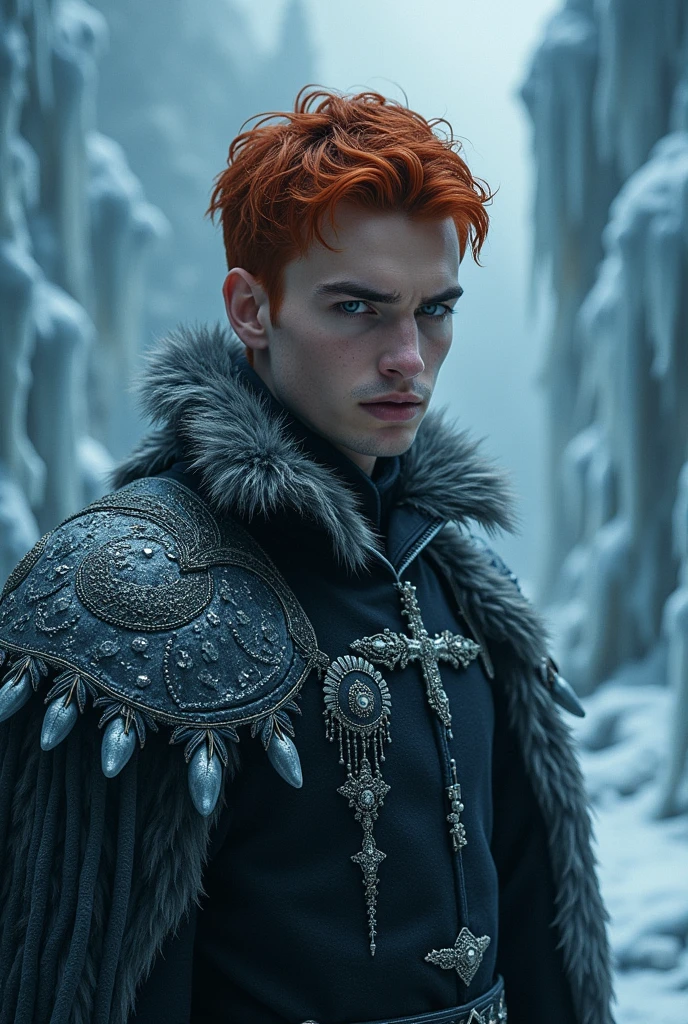 Dark fantasy Red-haired prince with short hair Frozen looking at me