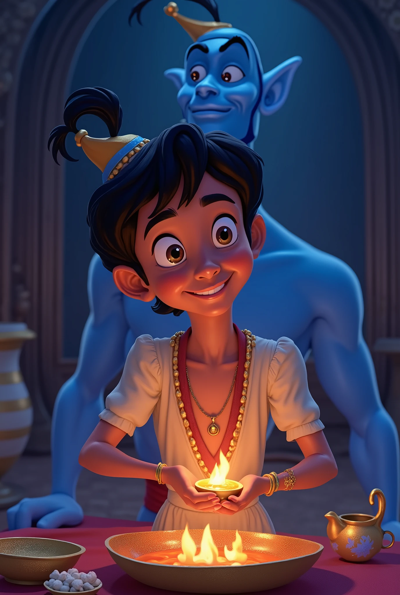 Aladdin, the main character in Aladdin. He is a young man living in poverty in the desert kingdom of Agrabah. He sneaks around to earn his living, but yearns for his late mother and tries to become a man who will one day live up to her shame. He becomes the master of the lamp nymph Jeannie. The jolly lamp nymph Jeanie serves Aladdin, who becomes her master and tries to fulfil his ‘three wishes’. His big eyes should be wide open, reflecting the surreal world of the desert kingdom of Agrabah. Genie, the jolly lamp fairy, Aladdin and the Wizard. The colour palette is a mix of soft pastels and dark, introspective tones, creating a balance between innocence and complex thought.