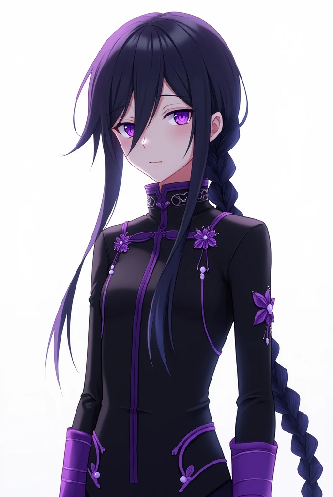 Anime. Pale-skinned boy, long black hair with purple highlights, with all his hair in a braid, purple eyes, serious look, black clothes with purple details, looking straight at the camera, ping, White background.