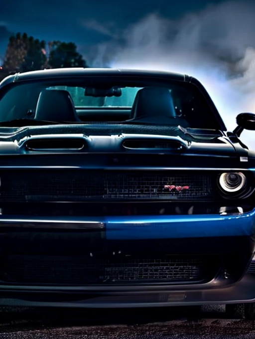 A black dodge challenger with flames of shades of blue, car is sitting in mansion driveway, dark outside, headlights glow blue, colorful light