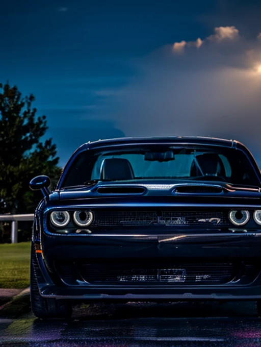 A black dodge challenger with flames of shades of blue, car is sitting in mansion driveway, dark outside, headlights glow blue, colorful light