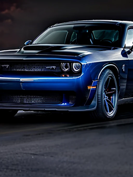 A black dodge challenger with flames of shades of blue, car is sitting in mansion driveway, dark outside, headlights glow blue, colorful light