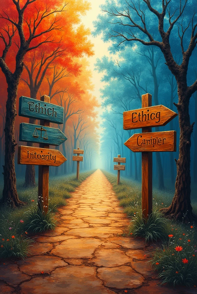 a forked path with two roads. One road could be represented with a vibrant and attractive backdrop, symbolizing market demand and the pressure for profit, while the other road could be shaded and more barren, representing integrity and truth. Beside the path, there could be signs with icons such as a scale (for ethics), a book (for integrity), and a theater mask (for cultural manipulation). This image visually communicates the choice between maintaining ethics and integrity or succumbing to external pressures.