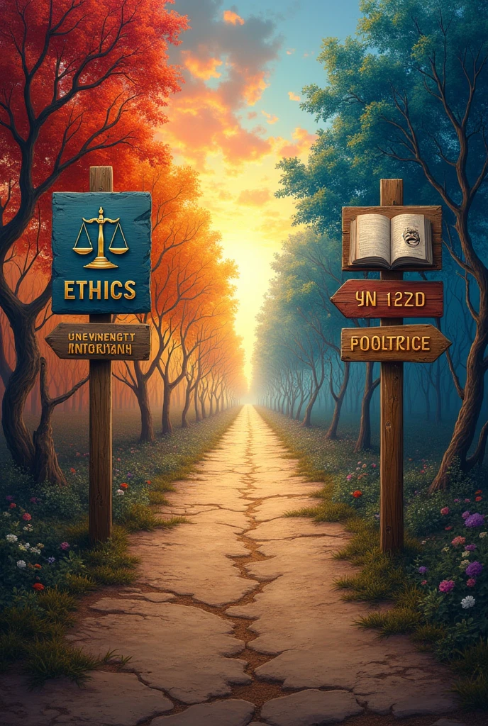 a forked path with two roads. One road could be represented with a vibrant and attractive backdrop, symbolizing market demand and the pressure for profit, while the other road could be shaded and more barren, representing integrity and truth. Beside the path, there could be signs with icons such as a scale (for ethics), a book (for integrity), and a theater mask (for cultural manipulation). This image visually communicates the choice between maintaining ethics and integrity or succumbing to external pressures.