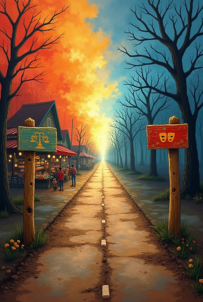 a forked path with two roads. One road could be represented with a vibrant and attractive backdrop, symbolizing market demand and the pressure for profit, while the other road could be shaded and more barren, representing integrity and truth. Beside the path, there could be signs with icons such as a scale (for ethics), a book (for integrity), and a theater mask (for cultural manipulation). This image visually communicates the choice between maintaining ethics and integrity or succumbing to external pressures.