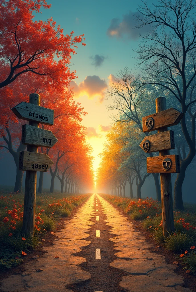 a forked path with two roads. One road could be represented with a vibrant and attractive backdrop, symbolizing market demand and the pressure for profit, while the other road could be shaded and more barren, representing integrity and truth. Beside the path, there could be signs with icons such as a scale (for ethics), a book (for integrity), and a theater mask (for cultural manipulation). This image visually communicates the choice between maintaining ethics and integrity or succumbing to external pressures.