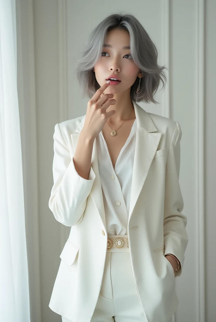 highly detailed, beautiful, hyper Realistic girl, masterpiece, best quality, Japanese sexy gravure woman, 28 years old, identity hidden, takes a selfie in her room using a smartphone in front of a mirror with one hand, One arm raised,She covers her mouth with one hand, looking away from the camera, /// gray short hair, light color eyes, Realistic skin, Detailed face, /// Design a minimalist art-fashion ensemble centered on white, reflecting current trends. The outfit should include a sleek white blazer with modern, clean lines, paired with a flowing white blouse and tailored white pants. Accessories should feature subtle gold accents, such as a thin belt and delicate jewelry, to add a touch of elegance. The overall aesthetic should be sophisticated and contemporary, with a focus on simplicity and the interplay of textures to create a refined, monochromatic look that is both timeless and on-trend, /// surreal, large breasts, Monotone simple modern taste single room, mirror, complicated background,