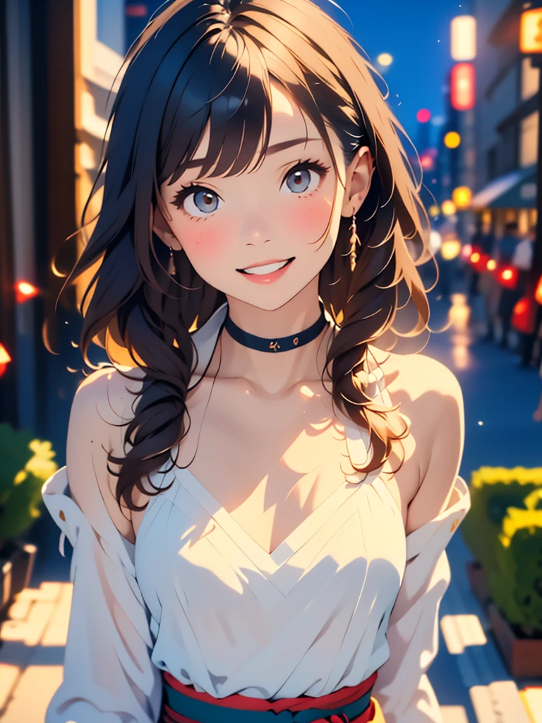 1woman, , (((woman))), alone, realistic, highest quality, photorealistic, masterpiece, 8K, High resolution, alone, highly detailed face, (professional lighting, Bokeh), (particles of light, Lens flare, glowing particles:0.6), (dynamic pose:1.2), soft lighting, Angle seen from above, Fashionable and trendy atmosphere, Japan, (street:1), Tokyo, (city), river, ((at night)), null, ((looking at the viewer:1)), (look at the camera),(portrait:0.6), cowboy shot, nice, walk, Maintain original face proportions, wide shoulders, whole body, (Medium chest), (long hair), brown hair, floating hair, lips, lipstick, seductive smile, floating hair, (smile), (Open_mouth), teeth, Eye Ring, ((full nude)),