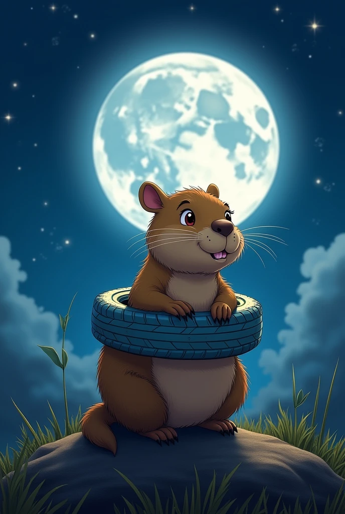 Create an image of a bright supermoon in the night sky. Inside the moon, show a capybara with a tire around its neck, disney