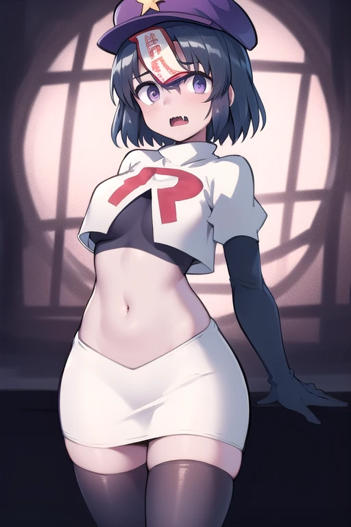best quality, (masterpiece:1.2), illustration, absurdres,
(1girl), (solo), (beautiful detailed girl),
Miyako Yoshika, (blue skin, purple skin:1.1), dark blue hair, purple eyes, medium breasts, zombie, jiangshi, undead
blue hat with a yellow star, ofuda on forehead, fangs, looking at viewer,
team rocket,team rocket uniform,white skirt,red letter R,crop top,black thigh-highs,black elbow gloves, cowboy shot,