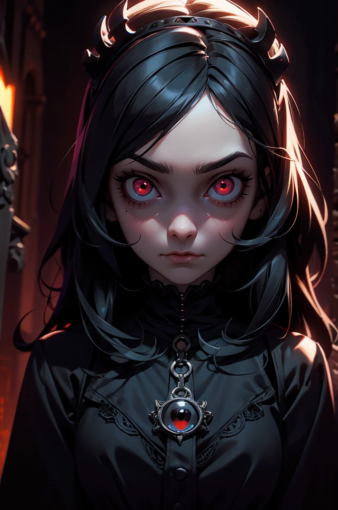 Gothic,Horror,One person,Glowing Eyes,Kubrick's Viewpoint,Full body portrait、standing in a dark bedroom、High heels
