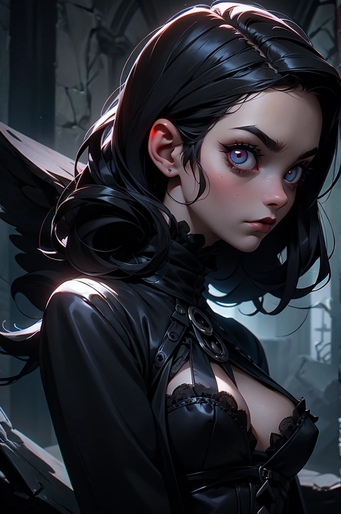 Gothic,Horror,One person,Glowing Eyes,Kubrick's Viewpoint,Full body portrait、standing in a dark bedroom、High heels