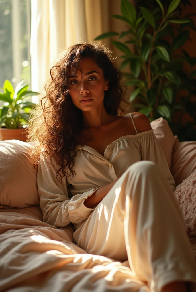 (photorealism:1.2), beautiful woman, sitting on bed, wearing loose off-shoulder top, pajama pants, long curly hair, indoors, soft lighting, plants in background, window with sunlight, cozy room, relaxed pose, realistic, intricate details, warm colors, by Greg Rutkowski, by Alphonse Mucha