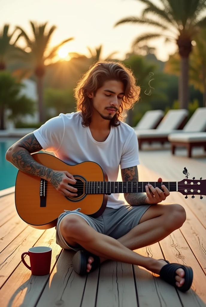 Photography of a 20 year old Asian male ager with long curly hair and tattoos wearing a white t-shirt, shorts, flip-flops, sitting casually playing the guitar.,drinking coffee and smoking cool luxury background