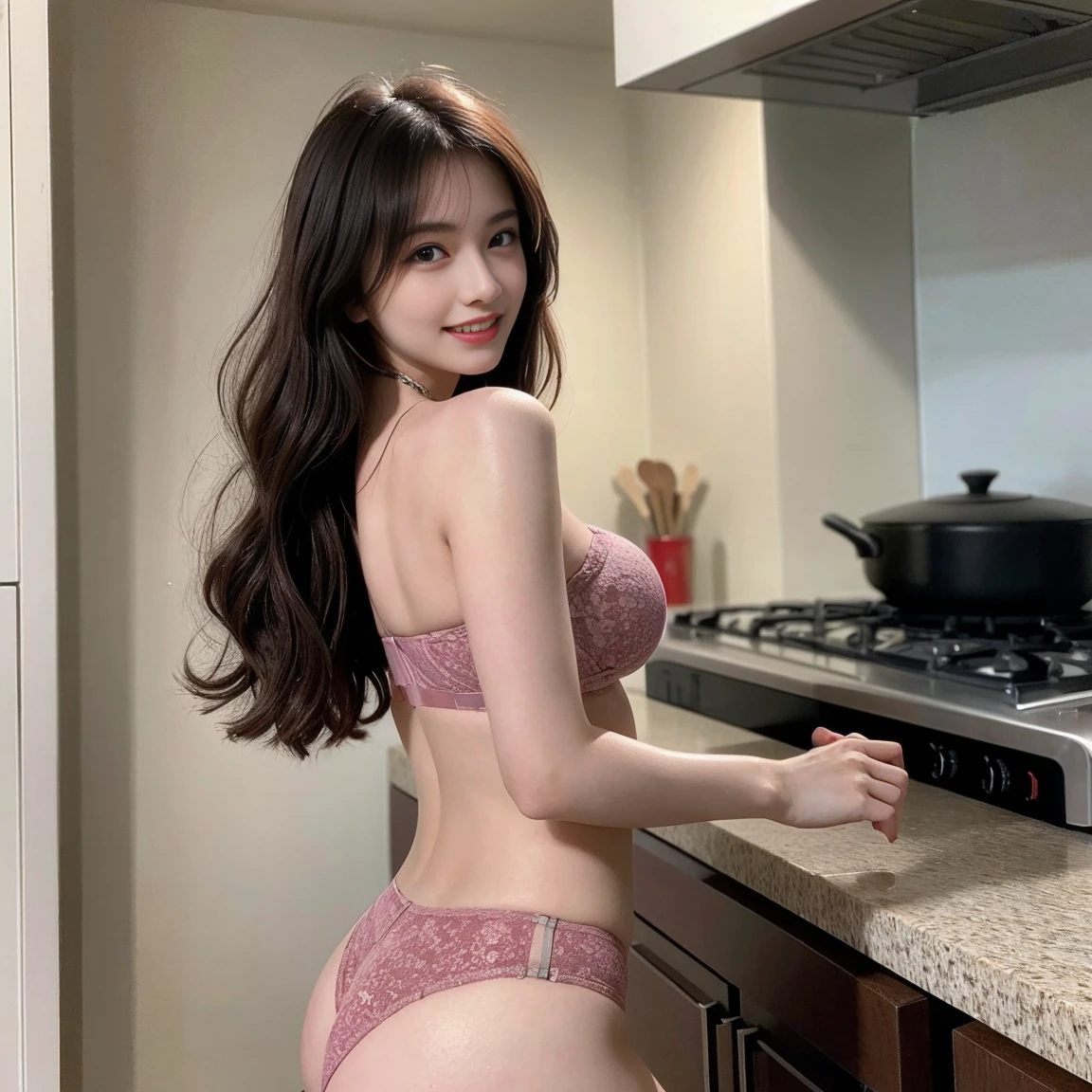 best quality,masterpiece,Ultra-high resolution,original photo,Ultra-high resolution，Beautiful woman, 25 years old，Bandeau bra，Long legs，Use red eyeshadow to create a gorgeous look，A bright smile，Long wavy hair，whole body:1.5，kitchen,　Large breasts,　Stick out your ass,　Completely naked,　Sweating,　　