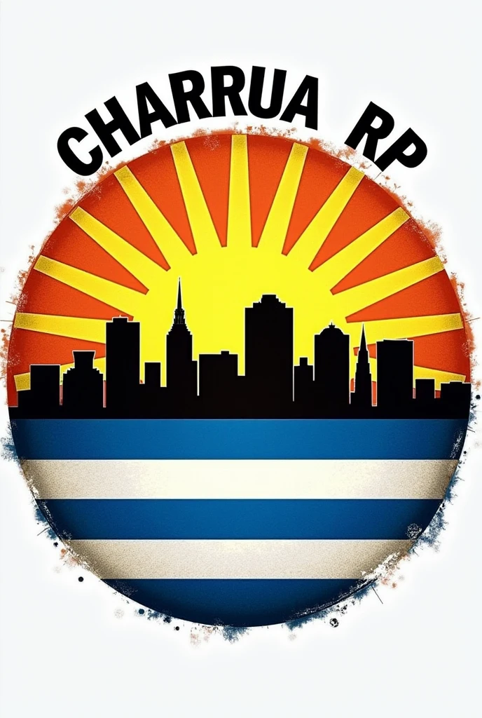 Create an image that is circular with a sun from the Uruguayan flag, a background with blue and white stripes with a city behind that says garra charrua, the part of the city that is shaped like buildings in black charrua RP IN CAPITAL LETTERS AND TAKE OUT GARRA so that the images are in a circle