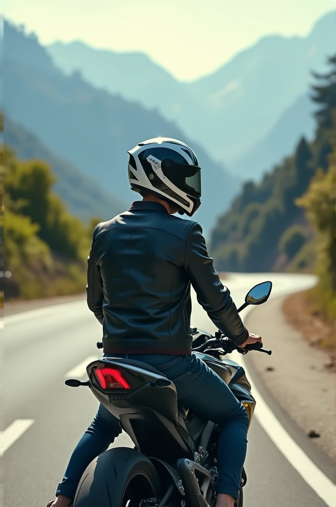 Young man riding a Yamaha R15 V2 motorcycle looking back with helmet