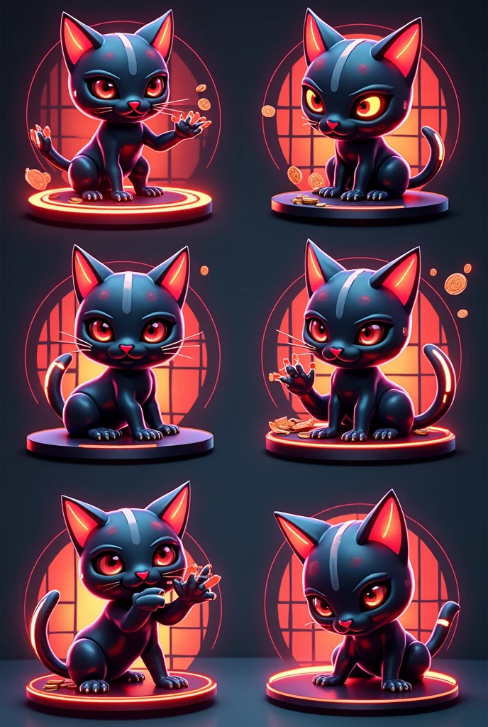 Design a set of 3D stylized stickers for the 'Trons - Tron Monsters' series featuring the Tron Cat Monster character. Each sticker should feature the Tron Cat Monster in a sleek, minimalist, and futuristic style with sharp, geometric features and glowing neon accents in red and white. The cat monster should have a mischievous grin, large, expressive eyes, and a metallic finish. Include a subtle watermark with the text "Trons" on each sticker. Sticker Emotions: Cheerful Tron Cat - Leaping forward, neon stripes glowing brightly, wearing a futuristic helmet. Text: "Mooning!" Focused Tron Cat - Standing tall, eyes narrowed, claws glowing, ready for action. Text: "Bull Run!" Sad Tron Cat - Sitting with a drooping tail, neon lights dimmed, eyes teary. Text: "Dumped." Happy Tron Cat - Dancing with coins floating around, neon stripes flashing. Text: "To the Moon!" Backgrounds: Include minimalistic, Tron-inspired backgrounds with glowing grid patterns and dark, metallic tones that complement the Tron Cat Monster's emotions and the crypto-related phrases