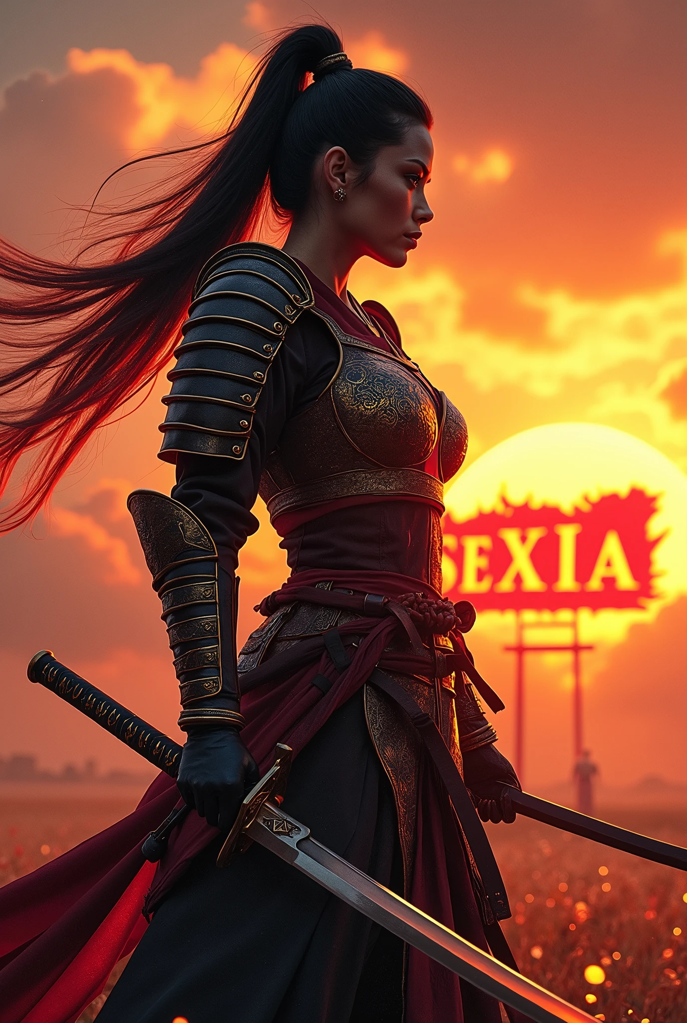 ((Japan Samurai for women),field of battle,dynamic pose,portrait of upper body、Longsword,armors,fiery sky,crazy details,details Intricate,high resolution,8k,((anatomically correcte)) sign in the background written : SexIA on fire