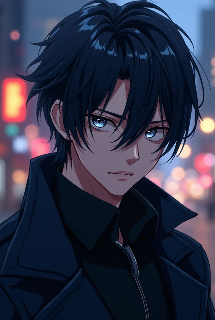 An anime man, black hair, cold silver eyes, half body, close up, silver highlights hair, nonchalant