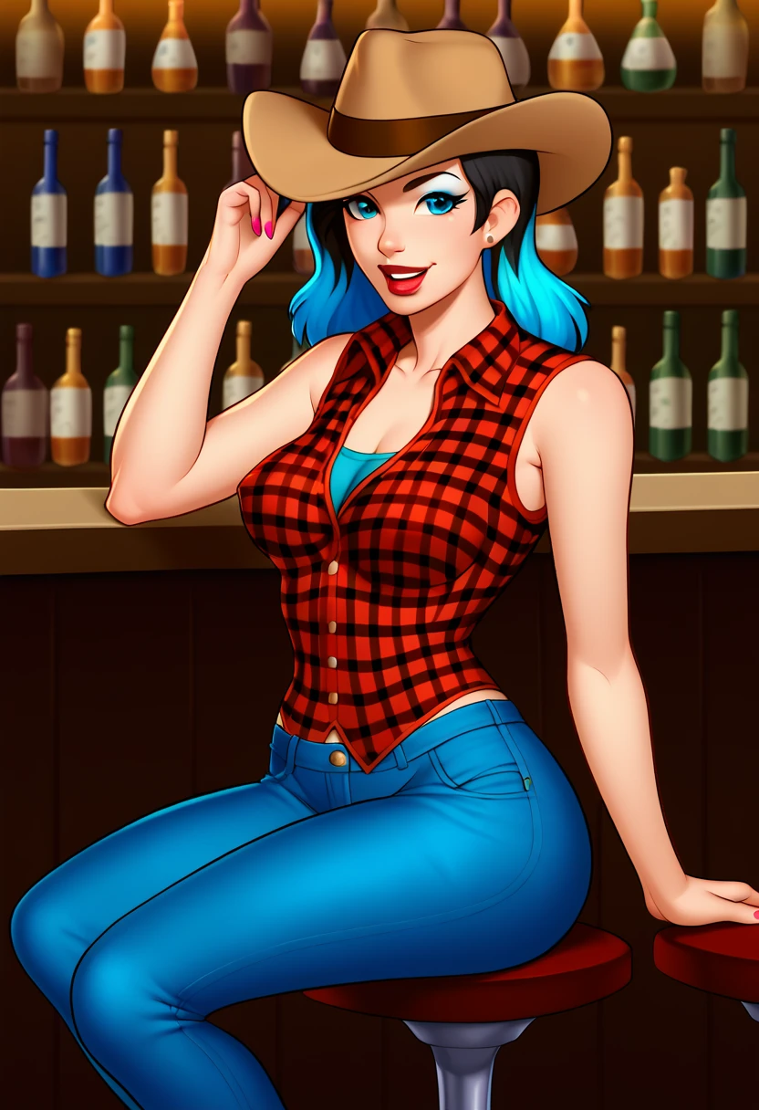 score_9, score_7_up, BREAK,  1girl, solo,  gwentd, two-tone hair, lipstick, cowboy hat, plaid shirt, vest, denim, sitting, bar