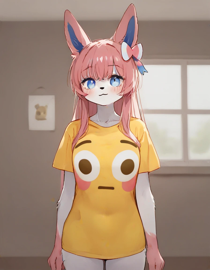 alone, score_9,score_8_up,score_7_up, anthro female sylveon, standing, flushed_emoji_shirt, simple background, t-shirt, indoors.